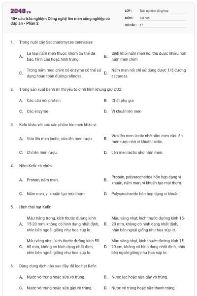 40+ câu trắc nghiệm Công nghệ lên men công nghiệp có đáp án - Phần 2
