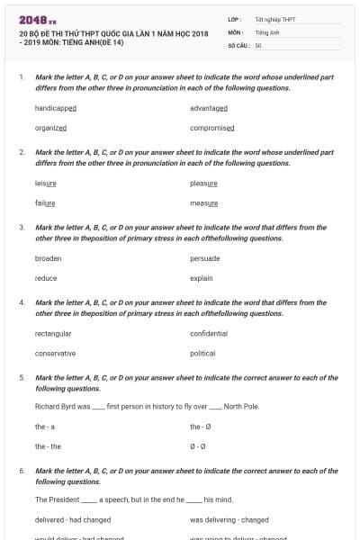 20 BỘ ĐỀ THI THỬ THPT QUỐC GIA LẦN 1 NĂM HỌC 2018 - 2019 MÔN: TIẾNG ANH(ĐỀ 14)