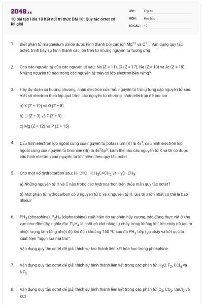 10 bài tập Hóa 10 Kết nối tri thức Bài 10: Quy tắc octet có lời giải