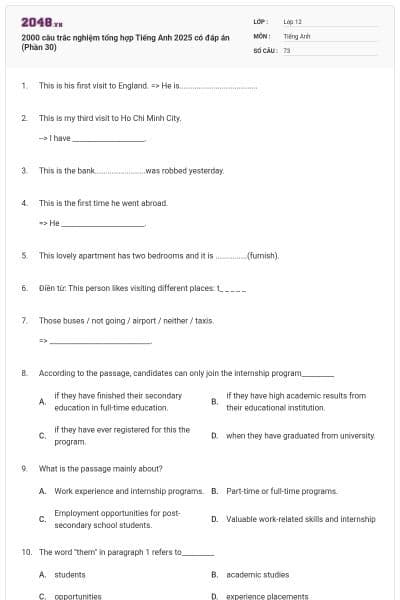 2000 câu trắc nghiệm tổng hợp Tiếng Anh 2025 có đáp án (Phần 30)