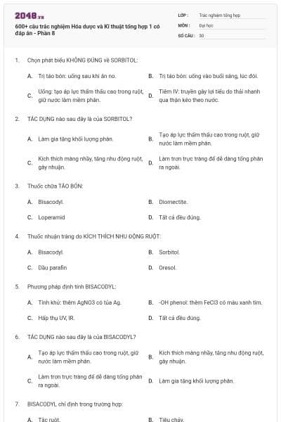 600+ câu trắc nghiệm Hóa dược và Kĩ thuật tổng hợp 1 có đáp án - Phần 8