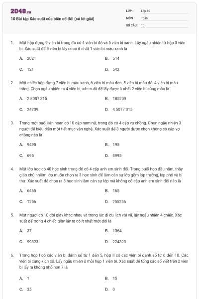 10 Bài tập Xác suất của biến cố đối (có lời giải)