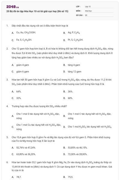 20 Bộ đề ôn tập Hóa Học 10 có lời giải cực hay (Đề số 15)
