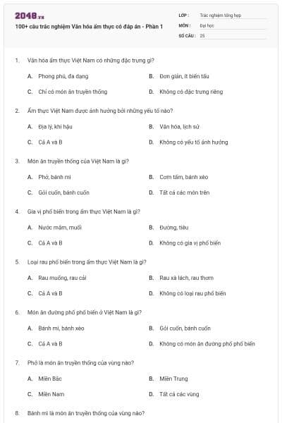 100+ câu trắc nghiệm Văn hóa ẩm thực có đáp án - Phần 1