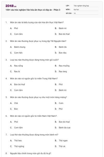 100+ câu trắc nghiệm Văn hóa ẩm thực có đáp án - Phần 3