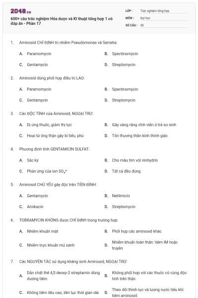 600+ câu trắc nghiệm Hóa dược và Kĩ thuật tổng hợp 1 có đáp án - Phần 17