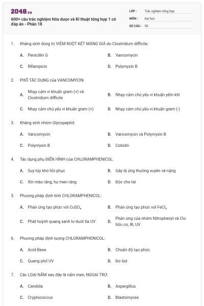 600+ câu trắc nghiệm Hóa dược và Kĩ thuật tổng hợp 1 có đáp án - Phần 18