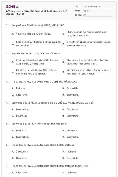 600+ câu trắc nghiệm Hóa dược và Kĩ thuật tổng hợp 1 có đáp án - Phần 20