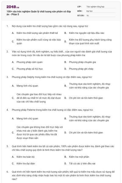 100+ câu trắc nghiệm Quản lý chất lượng sản phẩm có đáp án - Phần 5