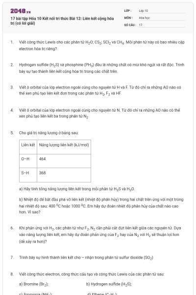 17 bài tập Hóa 10 Kết nối tri thức Bài 12: Liên kết cộng hóa trị (có lời giải)