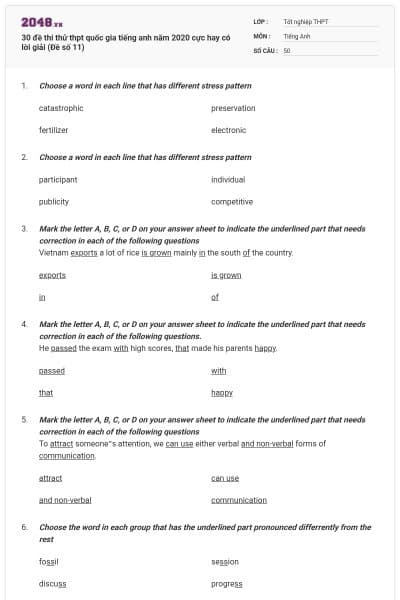 30 đề thi thử thpt quốc gia tiếng anh năm 2020 cực hay có lời giải (Đề số 11)