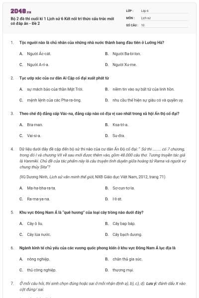 Bộ 2 đề thi cuối kì 1 Lịch sử 6 Kết nối tri thức cấu trúc mới có đáp án - Đề 2