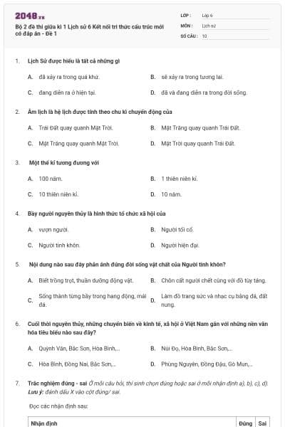 Bộ 2 đề thi giữa kì 1 Lịch sử 6 Kết nối tri thức cấu trúc mới có đáp án - Đề 1