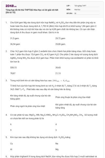 Tổng hợp đề thi thử THPTQG Hóa Học có lời giải chi tiết (Đề số 10)