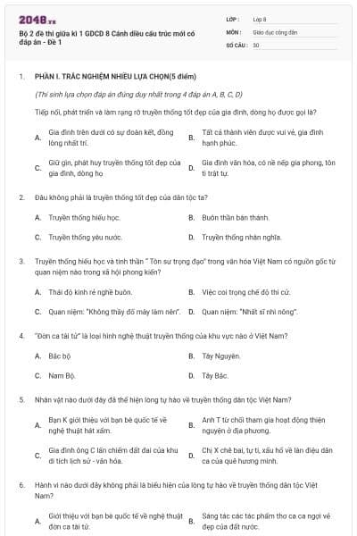 Bộ 2 đề thi giữa kì 1 GDCD 8 Cánh diều cấu trúc mới có đáp án - Đề 1