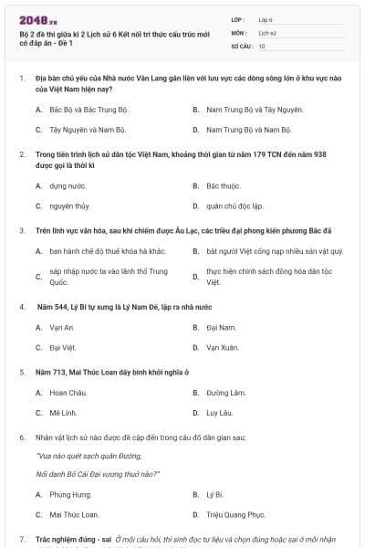 Bộ 2 đề thi giữa kì 2 Lịch sử 6 Kết nối tri thức cấu trúc mới có đáp án - Đề 1