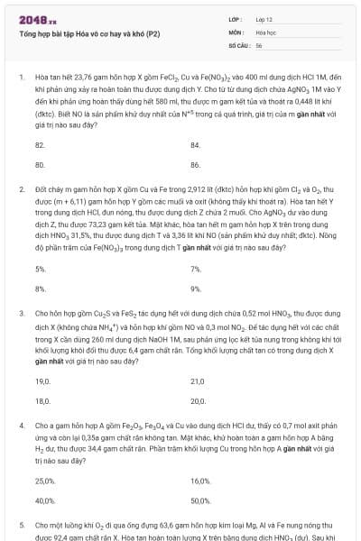 Tổng hợp bài tập Hóa vô cơ hay và khó (P2)