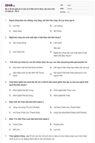 Bộ 2 đề thi giữa kì 2 Lịch sử 6 Kết nối tri thức cấu trúc mới có đáp án - Đề 2