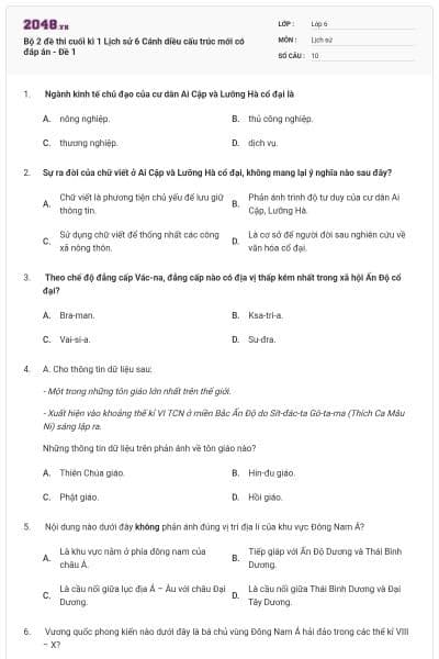 Bộ 2 đề thi cuối kì 1 Lịch sử 6 Cánh diều cấu trúc mới có đáp án - Đề 1
