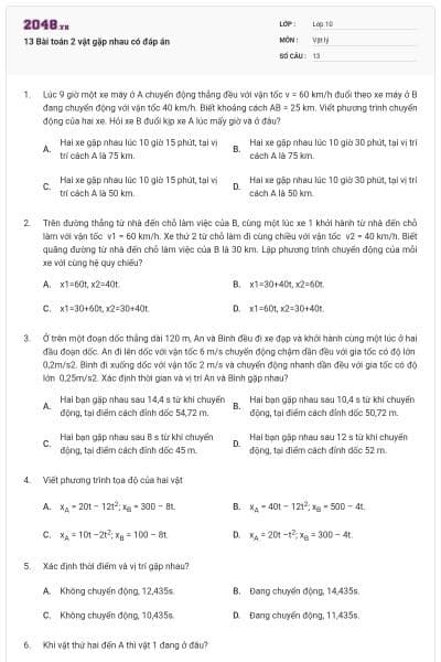 13 Bài toán 2 vật gặp nhau có đáp án