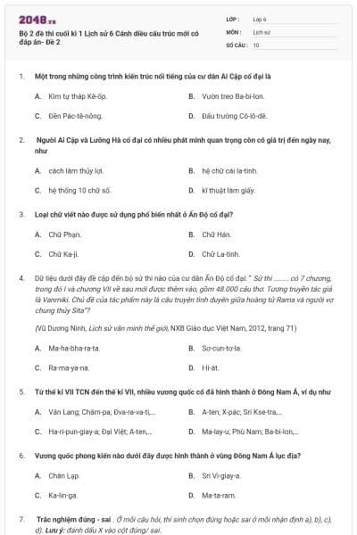 Bộ 2 đề thi cuối kì 1 Lịch sử 6 Cánh diều cấu trúc mới có đáp án- Đề 2