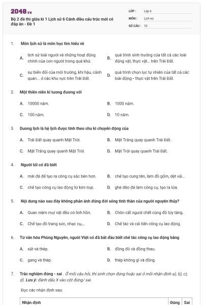 Bộ 2 đề thi giữa kì 1 Lịch sử 6 Cánh diều cấu trúc mới có đáp án - Đề 1