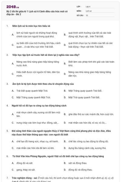 Bộ 2 đề thi giữa kì 1 Lịch sử 6 Cánh diều cấu trúc mới có đáp án - Đề 2