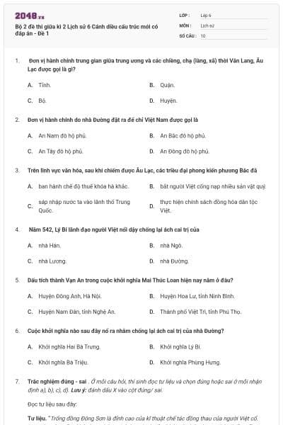 Bộ 2 đề thi giữa kì 2 Lịch sử 6 Cánh diều cấu trúc mới có đáp án - Đề 1