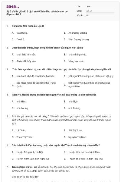 Bộ 2 đề thi giữa kì 2 Lịch sử 6 Cánh diều cấu trúc mới có đáp án - Đề 2