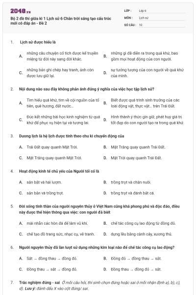 Bộ 2 đề thi giữa kì 1 Lịch sử 6 Chân trời sáng tạo cấu trúc mới có đáp án - Đề 2