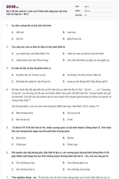 Bộ 2 đề thi cuối kì 1 Lịch sử 6 Chân trời sáng tạo cấu trúc mới có đáp án - Đề 2