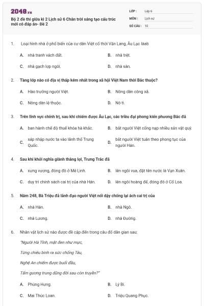 Bộ 2 đề thi giữa kì 2 Lịch sử 6 Chân trời sáng tạo cấu trúc mới có đáp án- Đề 2