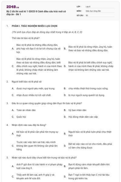 Bộ 2 đề thi cuối kì 1 GDCD 8 Cánh diều cấu trúc mới có đáp án - Đề 1