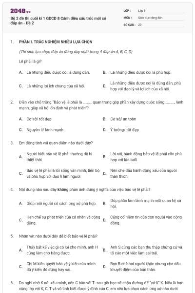 Bộ 2 đề thi cuối kì 1 GDCD 8 Cánh diều cấu trúc mới có đáp án - Đề 2