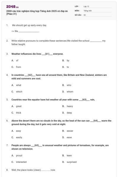 2000 câu trắc nghiệm tổng hợp Tiếng Anh 2025 có đáp án (Phần 31)