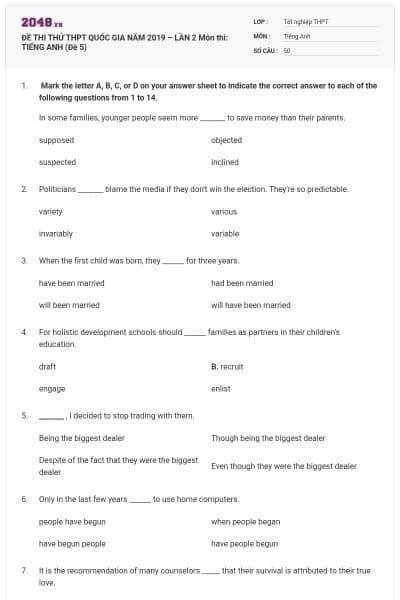 ĐỀ THI THỬ THPT QUỐC GIA NĂM 2019 – LẦN 2 Môn thi: TIẾNG ANH (Đề 5)