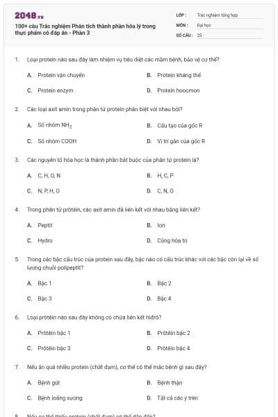 100+ câu Trắc nghiệm Phân tích thành phần hóa lý trong thực phẩm có đáp án - Phần 3
