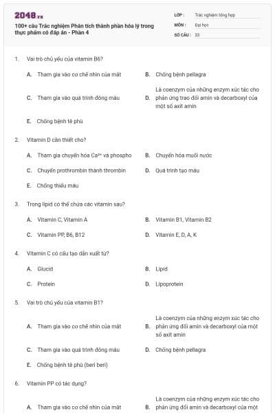 100+ câu Trắc nghiệm Phân tích thành phần hóa lý trong thực phẩm có đáp án - Phần 4