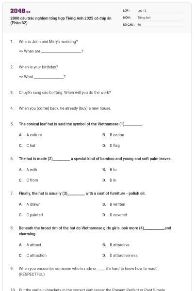 2000 câu trắc nghiệm tổng hợp Tiếng Anh 2025 có đáp án (Phần 32)