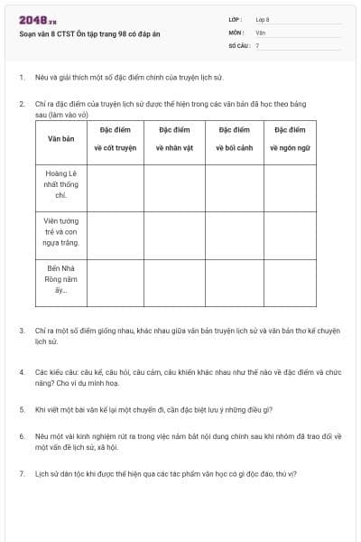 Soạn văn 8 CTST Ôn tập trang 98 có đáp án