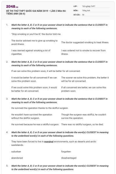 ĐỀ THI THỬ THPT QUỐC GIA NĂM 2019 – LẦN 2 Môn thi: TIẾNG ANH (Đề 6)