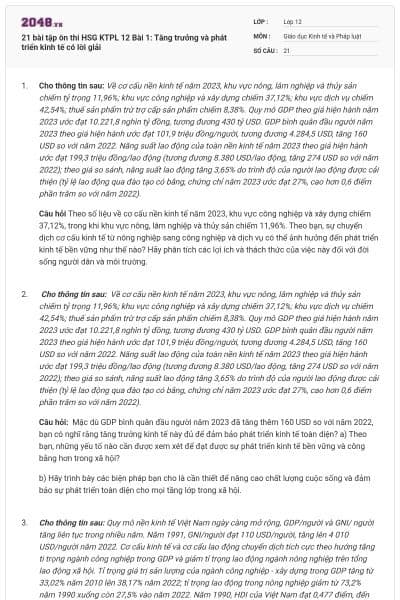 21 bài tập ôn thi HSG KTPL 12 Bài 1: Tăng trưởng và phát triển kinh tế có lời giải