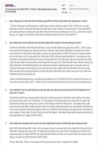 10 bài tập ôn thi HSG KTPL 12 Bài 2: Hội nhập kinh tế quốc tế có lời giải