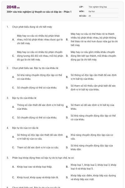 300+ câu trắc nghiệm Lý thuyết cơ cấu có đáp án - Phần 1
