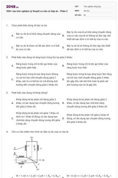 300+ câu trắc nghiệm Lý thuyết cơ cấu có đáp án - Phần 2