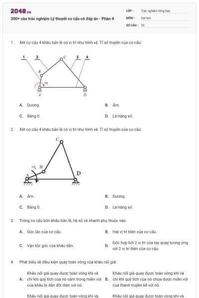 300+ câu trắc nghiệm Lý thuyết cơ cấu có đáp án - Phần 4