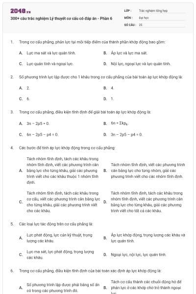 300+ câu trắc nghiệm Lý thuyết cơ cấu có đáp án - Phần 6
