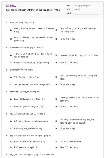 300+ câu trắc nghiệm Lý thuyết cơ cấu có đáp án - Phần 7