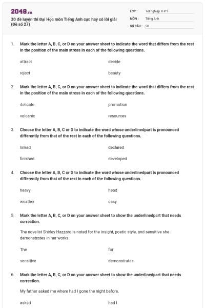 30 đề luyện thi Đại Học môn Tiếng Anh cực hay có lời giải (Đề số 27)
