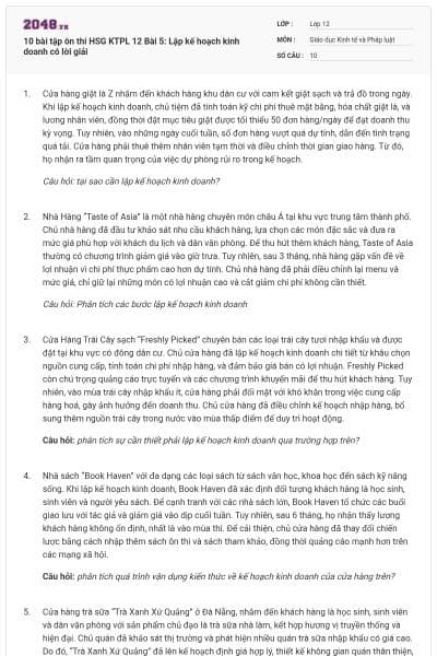 10 bài tập ôn thi HSG KTPL 12 Bài 5: Lập kế hoạch kinh doanh có lời giải